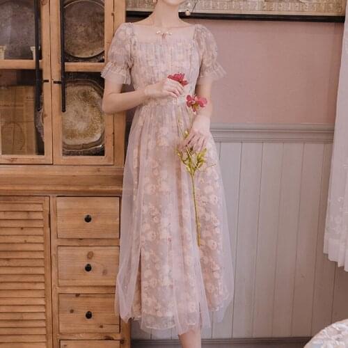 2020 summer new womens sweet flower square collar short-sleeved mesh lace puff sleeve dress female high waist dress