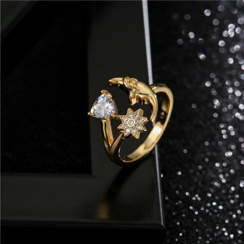 2021 New Fashion Gold Color Copper Party Jewelry Open Design Star Moon Heart CZ Charm Ring For Women Wholesale Femme Bijoux