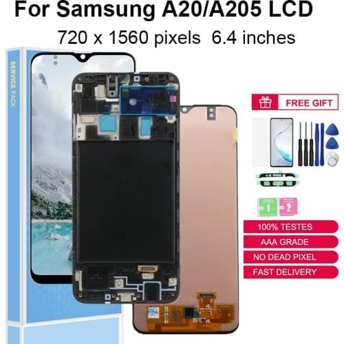 6.4" Super AMOLED For Samsung Galaxy A20 A205 SM-A205F A205FN A205GN LCD Display Touch Screen Replacement A205U With Frame