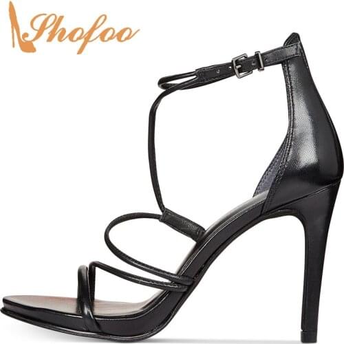 Black Stilettos Platform Ankle Warp Sandals Woman Buckle Strap Large Size 31 35 Ladies High Thin Heels Narrow Bands Shoes Shofoo