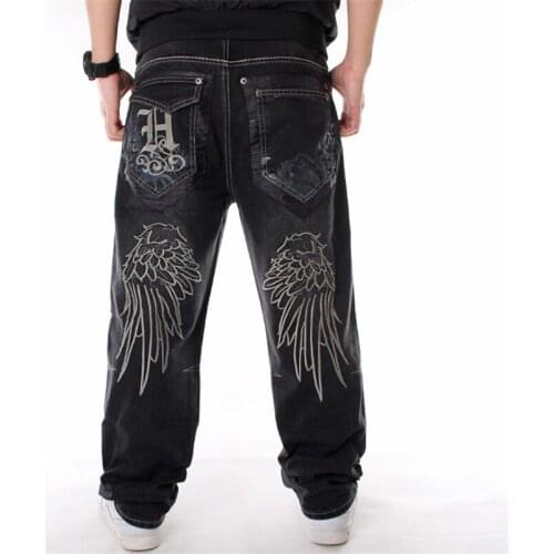 Hip Hop Jeans Mens Straight Western Style Wash Street Dance Pants Embroidery Wing Full Length Autumn Oversized Skateboard Jeans