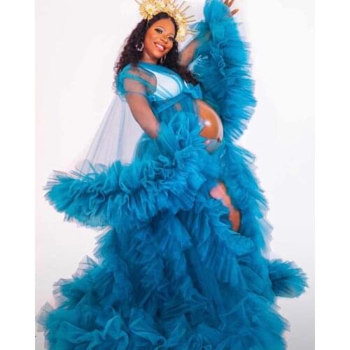 Elegant Bridal Tulle Blue Maternity Dresses Plus Size Sheer See Through Puffy Sleeve Fluffy Tulle Maternity Dressing Gowns
