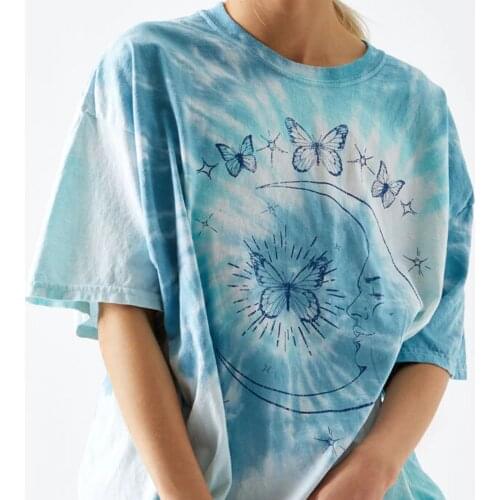 Super Chic Butterfly Moon Blue Vintage Graphic T Shirts Y2k Aesthetic O-neck Oversized 2021Summer Tops Casual France Lady Tshirt