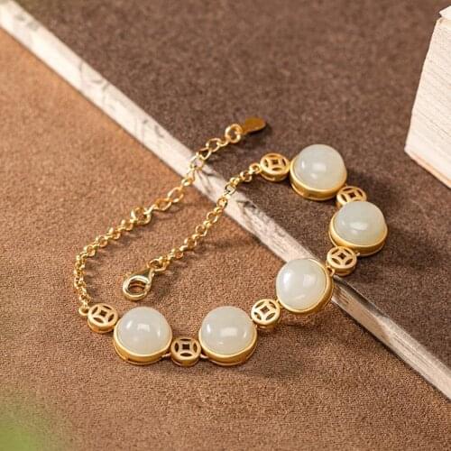 Natural Hetian Jade White Jade S925 Sterling Silver Dynamic Popular round Coin Fashion Temperament Ladies Bracelet Bracelet