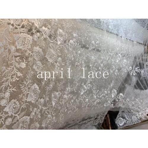 Kk013 offwhite ivory stock 5yards floral sequin embroidery tulle mesh net lace for bridal wedding dress