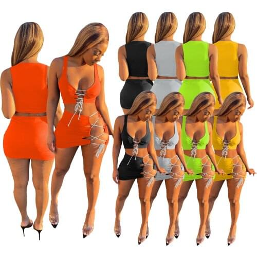 2021 Spring Sexy Women Skirt Set Bandage Hollow Out Crop Top + Mini Dress Party Night Clubwear Outfit Solid Color For Women