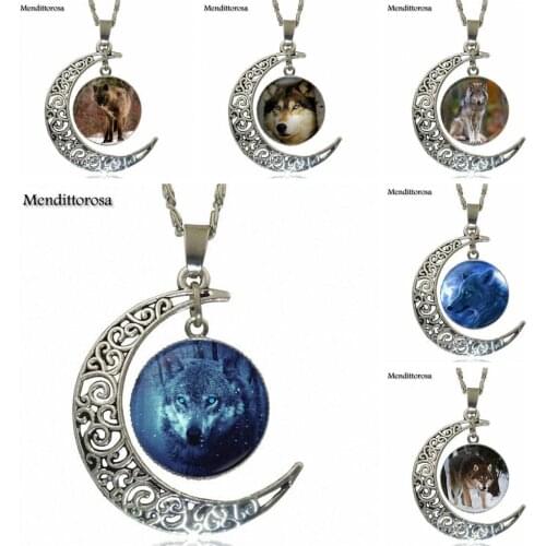 Fashion Glass Cabochon Necklace With Crescent Moon Women Statement Pendant Necklaces Jewelry For Women Children Blue Wolf eyes