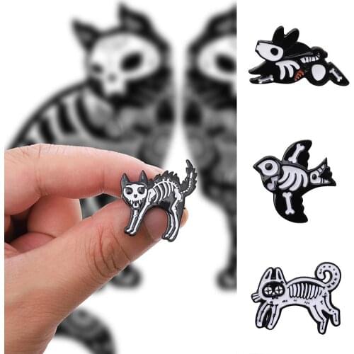 Retro Bird Cat Skeleton Enamel Brooch Pin Animal Skeleton Pin Brooch Badge Denim Jacket Collar Badge for Women Men