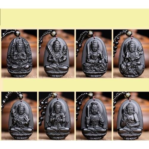 Natural Stone Black Obsidian Carved Buddha Lucky Amulet Pendant Necklace For Women Men Protection Necklace Sweater Chain Jewelry