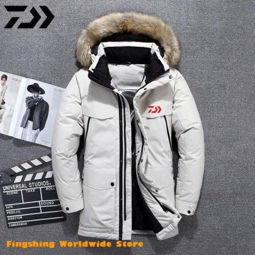 NEW -40 Degrees Top Quality White Duck Down DAIWA Fishing Jacket Men Thick Winter Big Fur Collar Warm Windproof Fishing Clothing