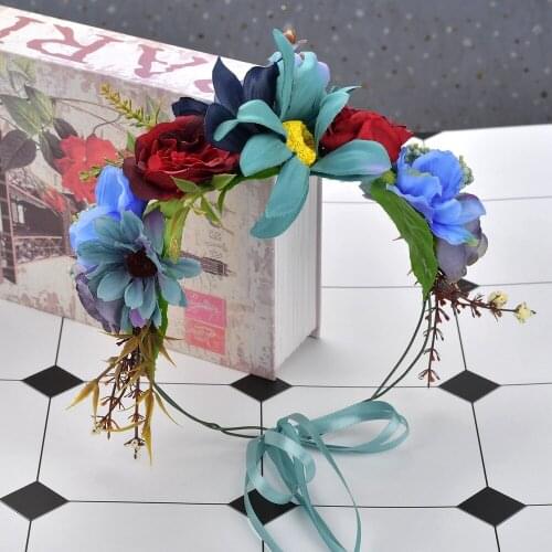 Adjustable Blue Sunflower Flower Crown Hairbands Floral Bride Head Wreath Wedding Beach Holiday Hair Garland Performance Photo