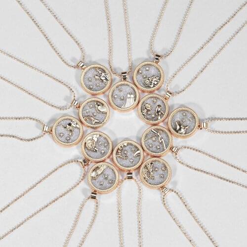 12 Zodiac Constellations Necklace Geometric Round Pendant Rose Gold Chain Necklace Unisex Friendship Jewelry