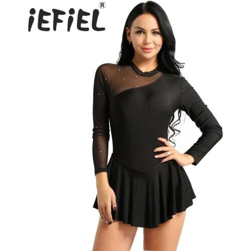 Newest Female Women Adult Long Sleeve Neck Halter Backless Skating Dress Ballet Dance Gymnastics Leotard Tutu Performance Dress