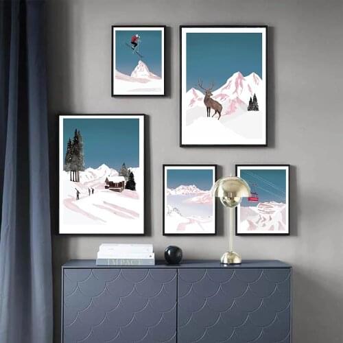 Cartoon Snow Mountain Stag Skier Landscape Poster Modern Canvas Painting Prints Art Wall Pictures for Living Room Home Decor