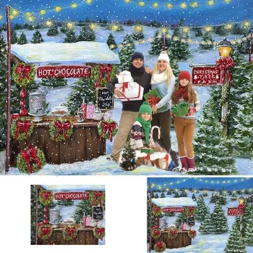 Merry Christmas Winter Snow Backdrop for Photography Hot Chocolate Christmas Tree Farm Baby Child Birthday Portrait Background