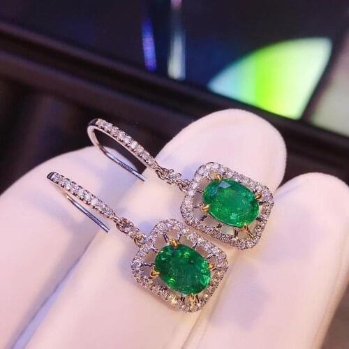 100% Natural Real 2.1ct Oval Shape Zambian Emerald Drop Earring with Diamond Fine Jewelry Solid 14K White Gold Anniversary Gift