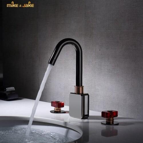 Widespread bathroom faucet crystal gunmetal black luxury basin sink mixer hot and cold double handle sink gold crystal lady tap