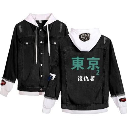 Tokyo Revengers Coats Mens Denim Jackets Oversize Casual Fake Two Piece Hooded Jackets токийские мстители Manga Sweatshirts