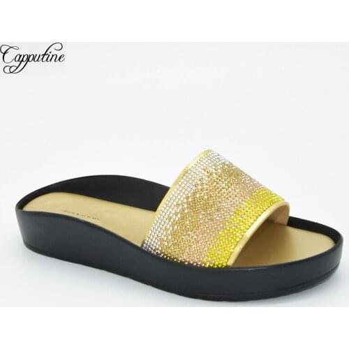 Gold Medium Heel Slippers African Lady Heel Casual Design Shoes With Rhinestones 222-1 Heel Height 3CM