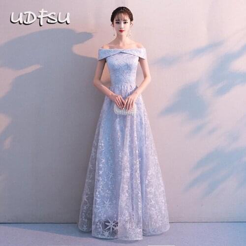 UDFSU Women Off Shoulder Slim Fit Evening Dress Vintage Lace Party Gowns Appliques Floor Length Backless Evening Dresses