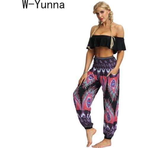 W-Yunna New Arrival Loose Fashion Streetwear Harem Pants High Waist Harajuku Boho Peacock Feather Print Summer Pantalones Mujer