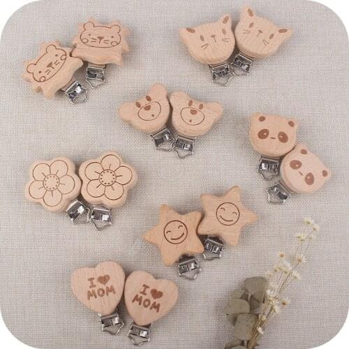 XCQGH Cute Cartoon Beech Wood Pacifier Clips Love Heart Star Flower Clip Wood for DIY Baby Products Toy 3pcs