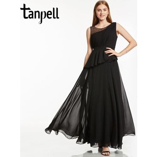 Tanpell scoop long evening dress black sleeveless a line floor length dresses women red chiffon draped formal prom evening dress