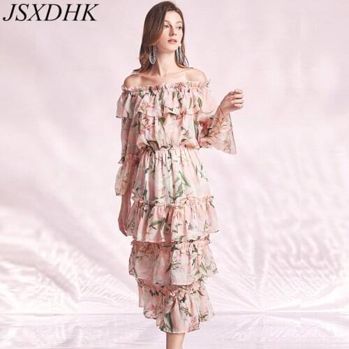New Autumn Runway Vacation Off Shoulder Dresses Women Lily Flower Print Layers Ruffles Chiffon Flare Sleeve Boho Long Vestidos