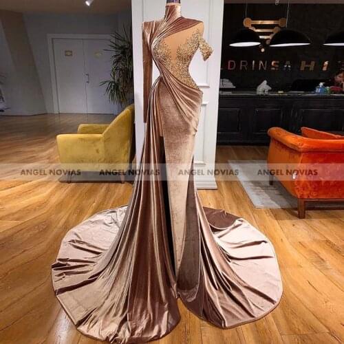 High End Custom Made Long Sleeves High Neck Evening Dress 2021 with Slit Elegant Muslim Prom Gowns Sukienki Damskie