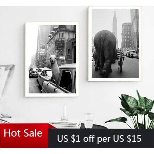 Animal Llama Vintage Wall Art Canvas Painting Poster Zoo Animals Elephant Zebra in New York City Photo Pictures Print Room Decor