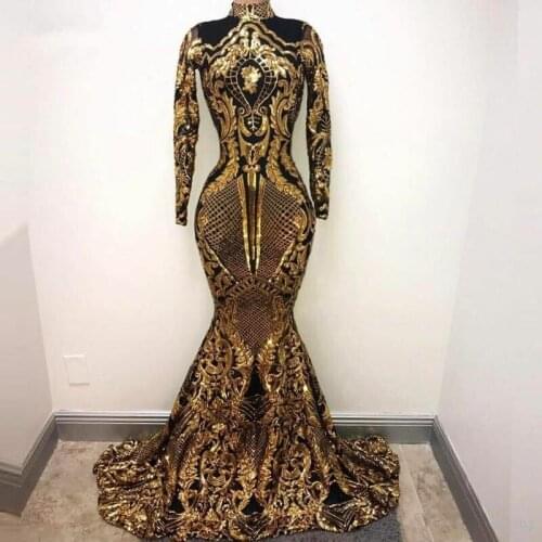 Gold Muslim Evening Dresses Mermaid Long Sleeves Sequins South African Islamic Dubai Saudi Arabic Long Elegant Evening Gown