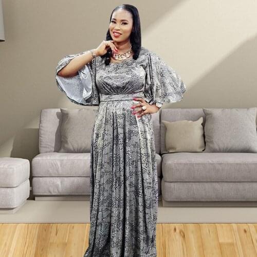 African Fashion 2021 New Arrival Maxi Dresses For Women O-collar Bat Sleeve High Waist Vestidos Black Print Femme Party Robe