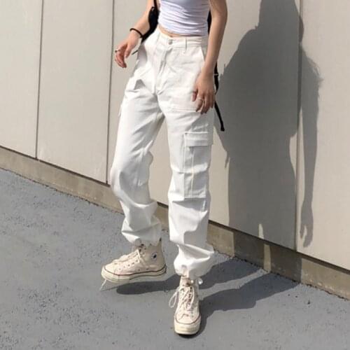 Womens Retro Cargo Pants Spring and Autumn Fashion Harajuku White Pocket Streetwear High Waist Pants Casual Straight Pants