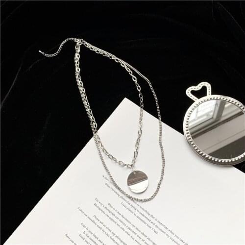 Punk Simple Solid Color Double Metal Chains Round Disc Pendent Necklace for Women Men Girls Neck Collar Jewelry Gift Wholesale