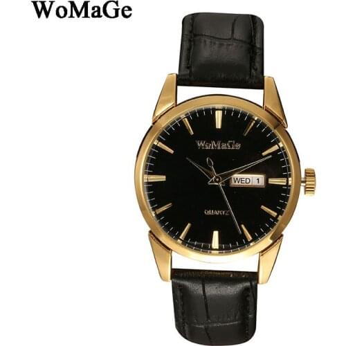 Relogio masculino men watch business date calendar analog watch leather strap Womage Brand Luxury Gold Case Quartz Women Watches