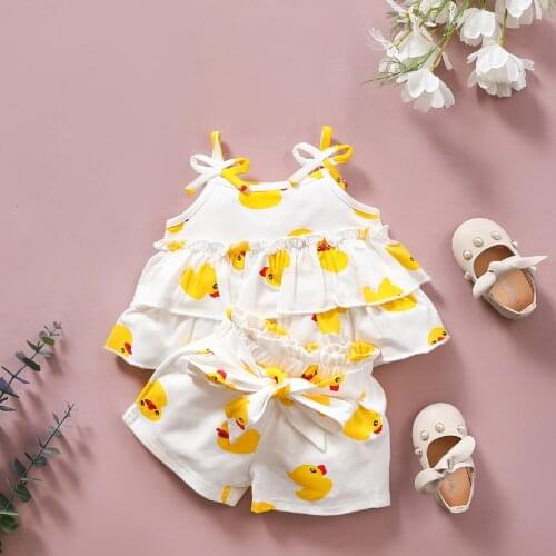 Newborn Baby Girls Clothes Yellow Duck Suit Sleeveless Vest +bowknot Shorts+headband Infant Toddler Clothes 2pcs Outfit Set