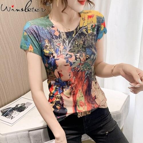 Summer European Clothes T-Shirt Print Graffiti Fashion Women Tops Short Sleeve Bottoming Shirt All Match Street Tees New T15703A