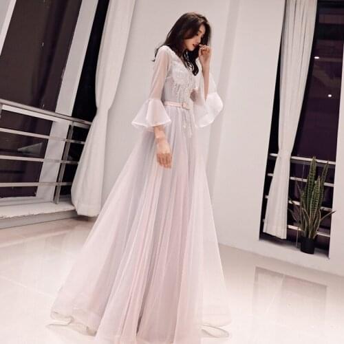 Beauty Evening Dress Embroidery Flowers Beading Wedding Formal Dresses Flare Sleeve Crystal Lace up V-neck Party Gown