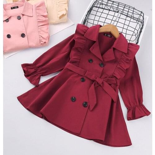 Jacket For Girls Childrens Clothing 2021 Autumn Spring Baby New Solid Color Double Breasted Belt Korean Windbreaker Coat Cotton