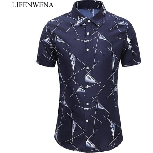 LIFENWENNA Casual Shirt Men Summer New Fashion Geometric Print Short Sleeve Shirts Mens Plus Size Business Office Shirt 6XL 7XL