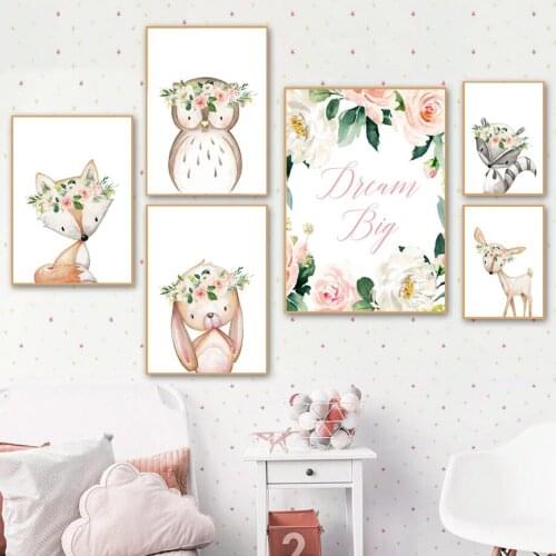 Fox Owl Rabbit Deer Raccoon Dream Flower Animal Wall Art Canvas Painting Nordic Posters And Prints Wall Pictures Kids Room Decor