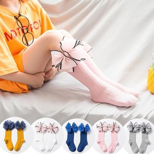 Solid Color Cute Lovely Bowknot Baby Kids Girls Soft Breathable Cotton Dance Long Socks