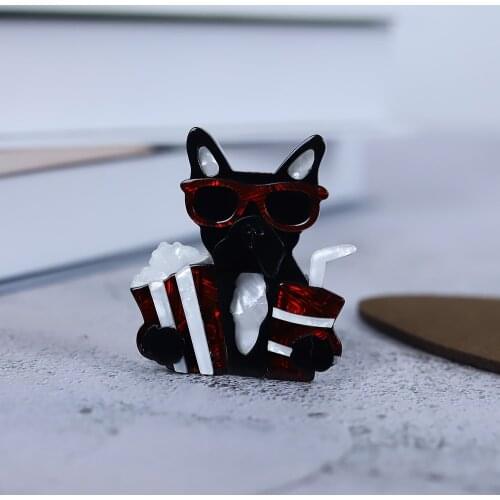 Handmade Acrylic Red Glasses Black Dog Brooches For Men Cute Cartoon Animal Party Causal Brooch Pins Jewelry Christmas Gifts