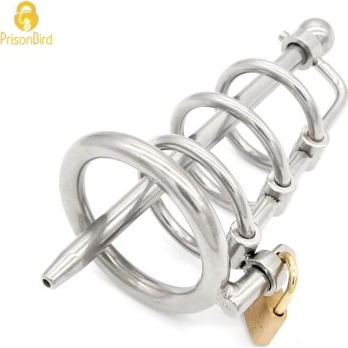 Man Penis Exercise 3 Ring Stainless Steel Male Chastity Device/Belt with Catheter,Cock Cage,Penis Ring,Penis Lock,Adult GameA061