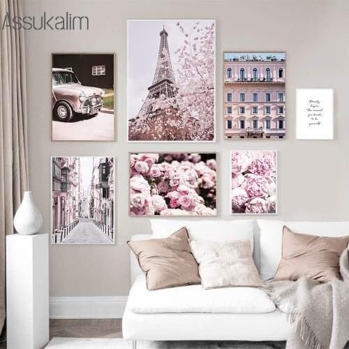 Pink Flowers Wall Art Canvas Print Scandinavia Poster Tower Painting Retro Car Prints Fashion Wall Pictures Living Room Decor