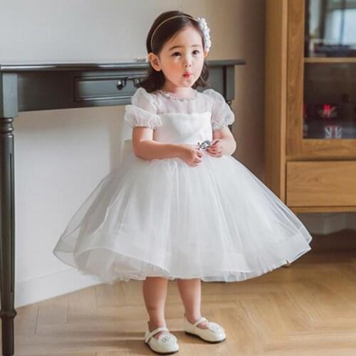 Baby Girls Princess Dress Newborn Birthday Party Bow Beading Infant Boutique Clothes Children Baptism Wedding Dresses L1035