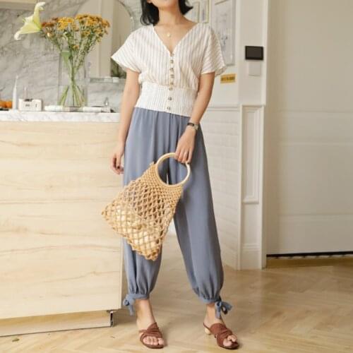 Popular Cotton Rope Hollow Straw Bag Sheer Macrame Tote Wooden ring Rattan Handle Net Bag Simple Chic Handbag Shopping Packet