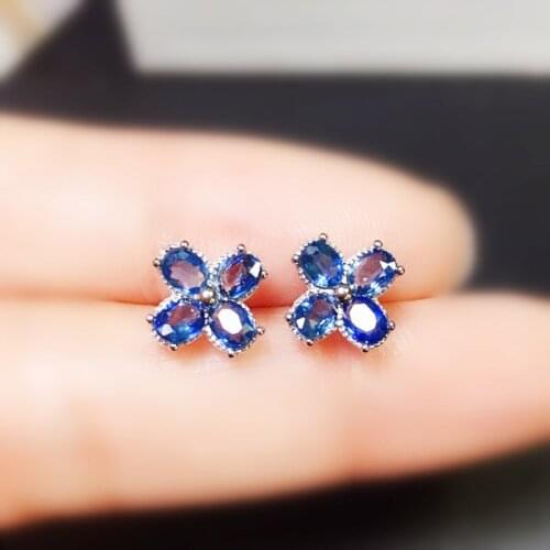 Natural real blue sapphire flower stud earring Per jewelry 3*4mm 0.3ct*8pcs gemstone 925 sterling silver Fine jewelry X21768