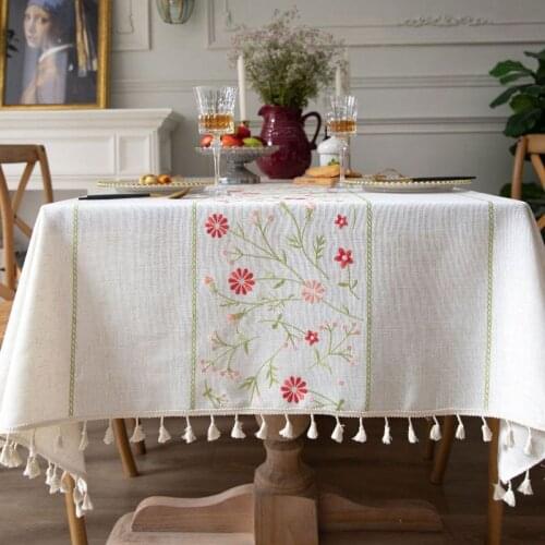 Rustic Embroidered Tablecloth Rectangular Faux Linen with Tassels Floral Square Coffee Tea Table Cover Garden Wedding Party
