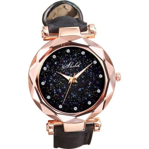 Rhinestone Index Starry Sky Round Dial Faux Leather Band Lady Quartz Wrist Watch